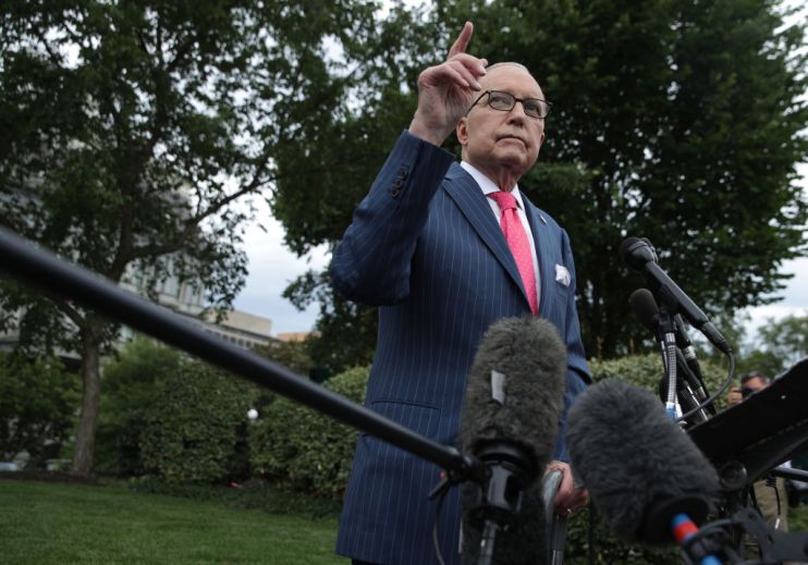 WASHINGTON, DC - JUNE 18: Director of the National Economic Council Larry Kudlow speaks to members of the media after a TV interview at the ground of the White House June 18, 2019 in Washington, DC. President Donald Trump had a phone call with Chinese President Xi Jinping this morning and the two leaders are expected to meet during the G20 Summit from June 28 to 29, 2019 in Osaka, Japan. (Photo by Alex Wong/Getty Images)