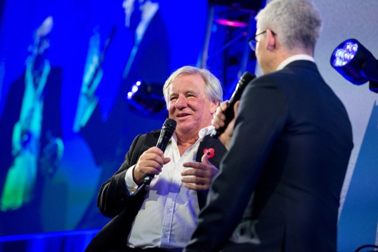 Martin Gilbert on stage with City PM editor Christian May at the 2018 City PM Awards