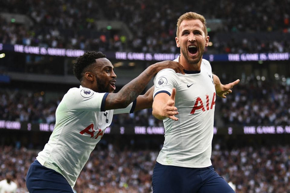 Tottenham Hotspur's English striker Harry Kane celebrates scoring the team's second goal during the English Premier League football match between Tottenham Hotspur and Aston Villa at Tottenham Hotspur Stadium in London, on August 10, 2019. (Photo by Daniel LEAL-OLIVAS / AFP) / RESTRICTED TO EDITORIAL USE. No use with unauthorized audio, video, data, fixture lists, club/league logos or 'live' services. Online in-match use limited to 120 images. An additional 40 images may be used in extra time. No video emulation. Social media in-match use limited to 120 images. An additional 40 images may be used in extra time. No use in betting publications, games or single club/league/player publications. / (Photo credit should read DANIEL LEAL-OLIVAS/AFP/Getty Images)
