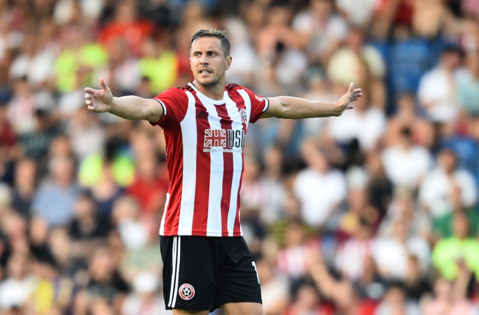 CHESTERFIELD, ENGLAND - JULY 23: Phil Jagielka of Sheffield United gestures during the Pre-Season Friendly match between Chesterfield and Sheffield United at on July 23, 2019 in Chesterfield, England. (Photo by Nathan Stirk/Getty Images)