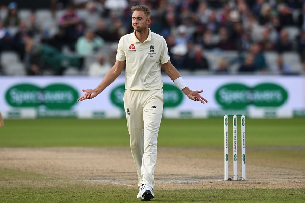 England's Stuart Broad reacts during the fourth day of the fourth Ashes cricket Test match between England and Australia at Old Trafford in Manchester, north-west England on September 7, 2019. (Photo by Oli SCARFF / AFP) / RESTRICTED TO EDITORIAL USE. NO ASSOCIATION WITH DIRECT COMPETITOR OF SPONSOR, PARTNER, OR SUPPLIER OF THE ECB (Photo credit should read OLI SCARFF/AFP/Getty Images)