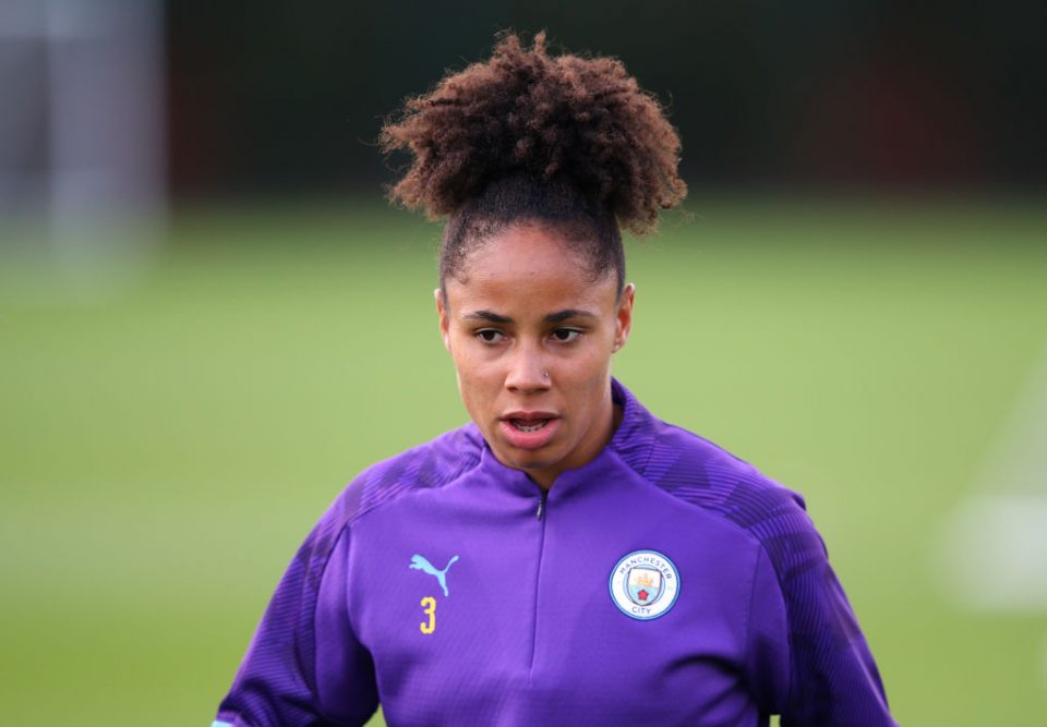 MANCHESTER, ENGLAND - SEPTEMBER 05: Demi Stokes of Manchester City Women looks on during a training session at Manchester City Football Academy on September 05, 2019 in Manchester, England. (Photo by Alex Livesey/Getty Images)