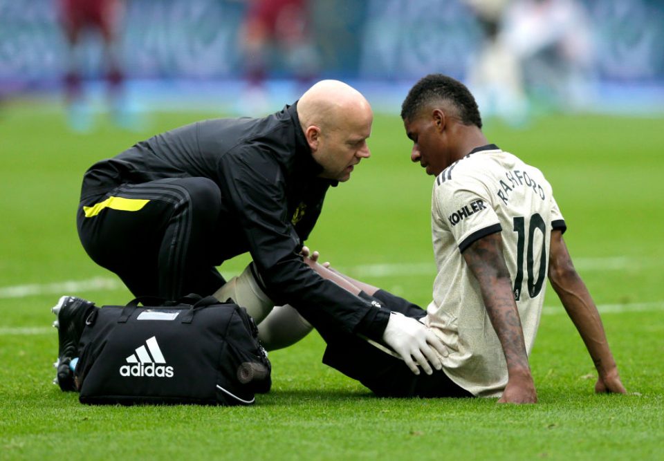 LONDON, ENGLAND - SEPTEMBER 22: An injured Marcus Rashford of Manchester United during the Premier League match between West Ham United and Manchester United at London Stadium on September 22, 2019 in London, United Kingdom. (Photo by Henry Browne/Getty Images)