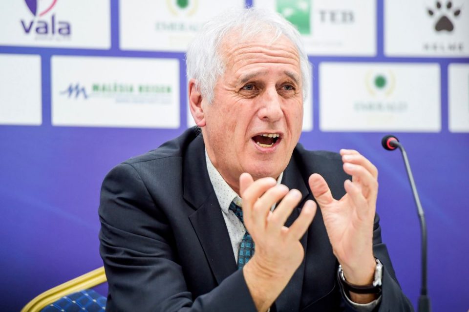 Newly appointed coach of Kosovo's national soccer team Bernard Challandes speaks during a press conference on March 2, 2018 in Pristina.  / AFP PHOTO / Armend NIMANI        (Photo credit should read ARMEND NIMANI/AFP/Getty Images)