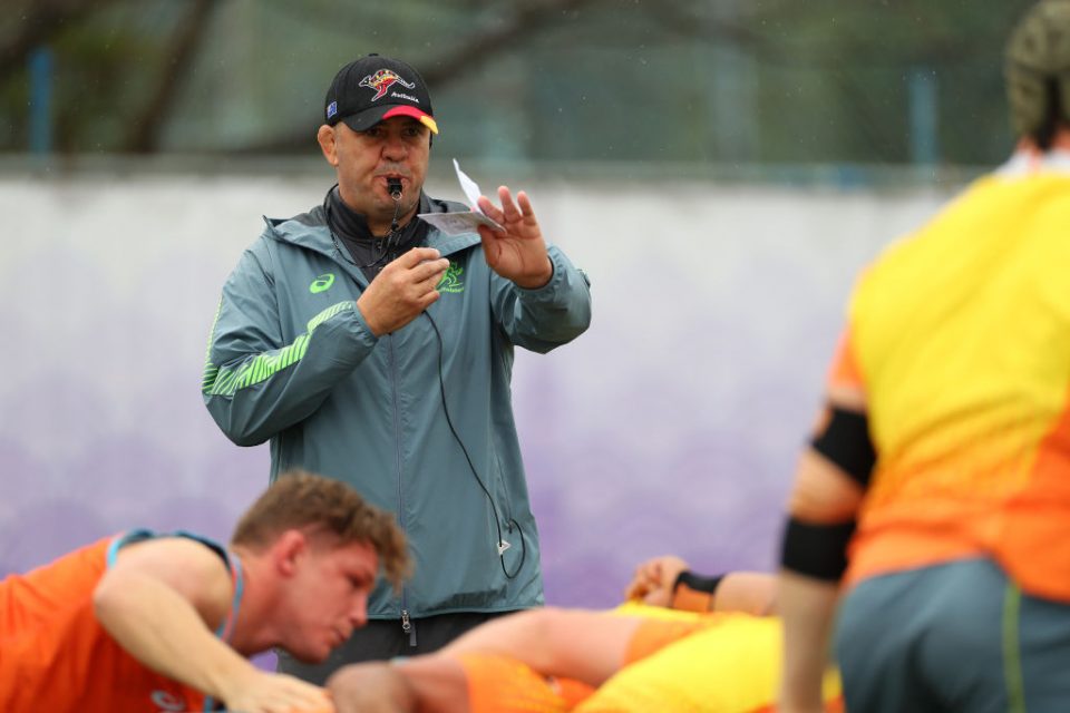 OITA, JAPAN - OCTOBER 17: Michael Cheika, Head Coach of Australia shouts instructions during a training session at Matsuoka Ground on October 17, 2019 in Oita, Japan. (Photo by Dan Mullan/Getty Images)