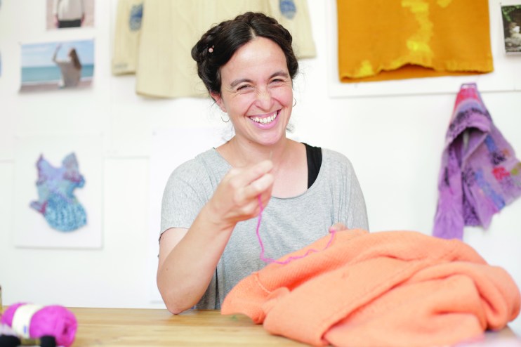 Textile artist Celia Pym at her desk