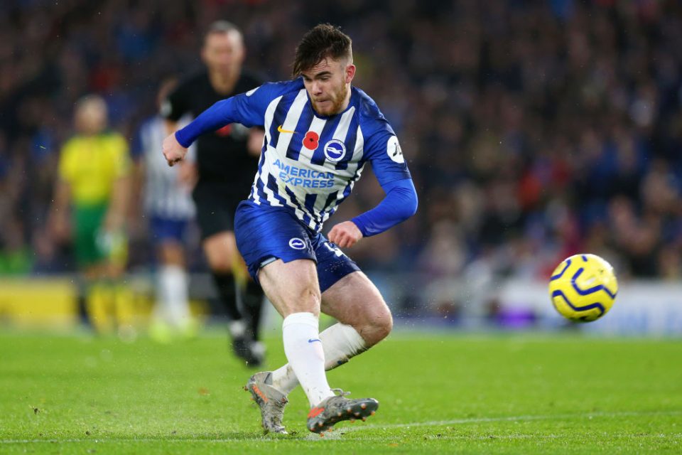 BRIGHTON, ENGLAND - NOVEMBER 02: Aaron Connolly of Brighton and Hove Albion shoots during the Premier League match between Brighton & Hove Albion and Norwich City at American Express Community Stadium on November 02, 2019 in Brighton, United Kingdom. (Photo by Steve Bardens/Getty Images)