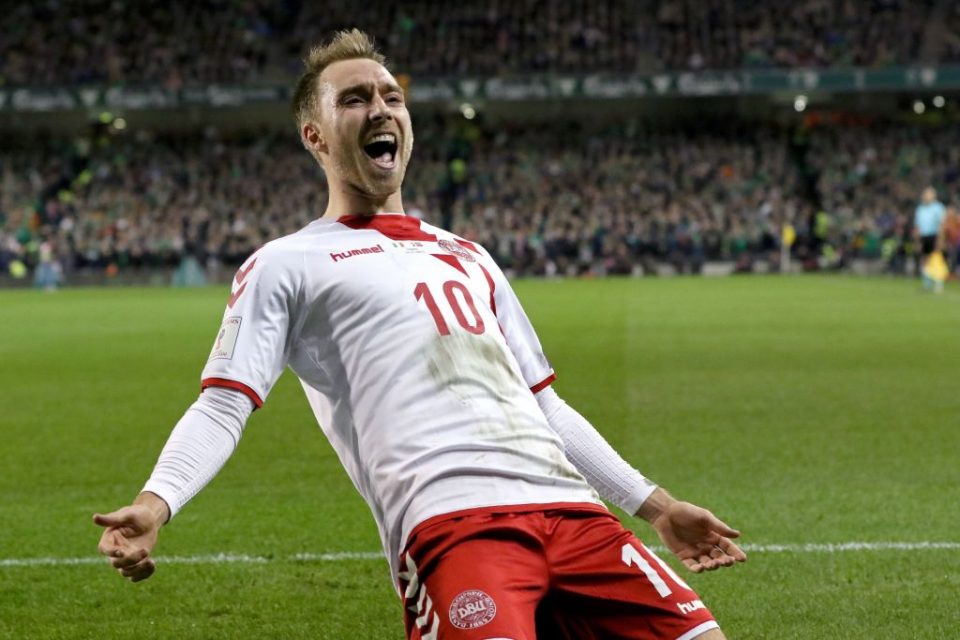 Denmark's midfielder Christian Eriksen celebrates after scoring their third goal during the FIFA World Cup 2018 qualifying football match, second leg, between Republic of Ireland and Denmark at Aviva Stadium in Dublin on November 14, 2017. / AFP PHOTO / Paul FAITH (Photo credit should read PAUL FAITH/AFP via Getty Images)