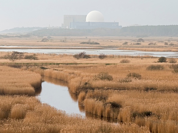 View from Dunwich Heath in winter across Minsmere RSPB Reserve with Sizewell Poer Station in distance, UK