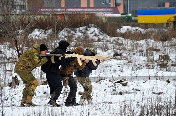 Ukrainians attend an open military training for civilians