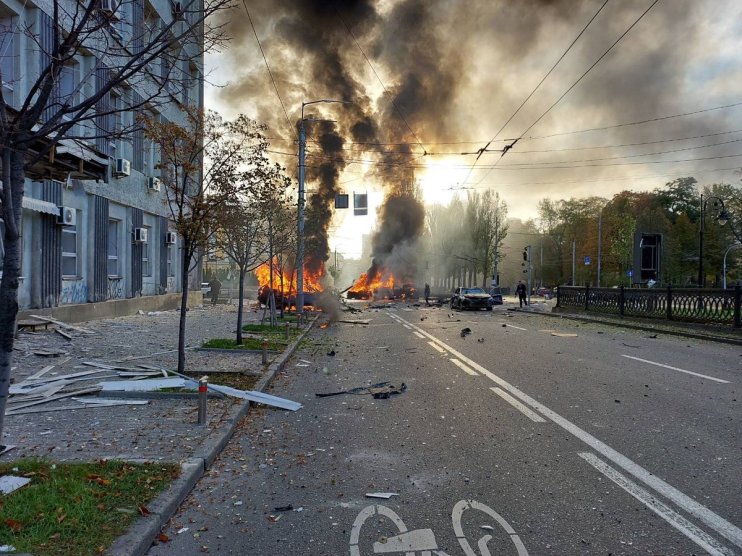 Image shared from Twitter of a blast in Central Kyiv
