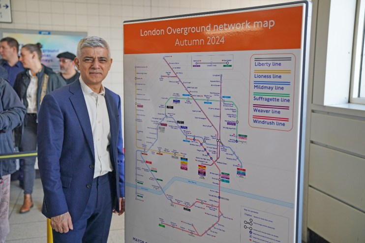 Mayor of London Sadiq Khan during a visit to Highbury and Islington underground station, north London, to announce that London Overground services will be split into separate lines, which will be given individual names and colours to make the network easier to navigate. The six lines will be named Lioness, Mildmay, Windrush, Weaver, Suffragette and Liberty. Picture date: Thursday February 15, 2024.