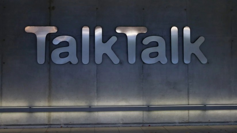 Talktalk's logo lit up on a concrete wall