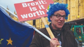 (An anti brexit protester seen with his placard and a EU flag outside the house of parliament. -- Photo by Dinendra Haria/SOPA Images/LightRocket via Getty Images)