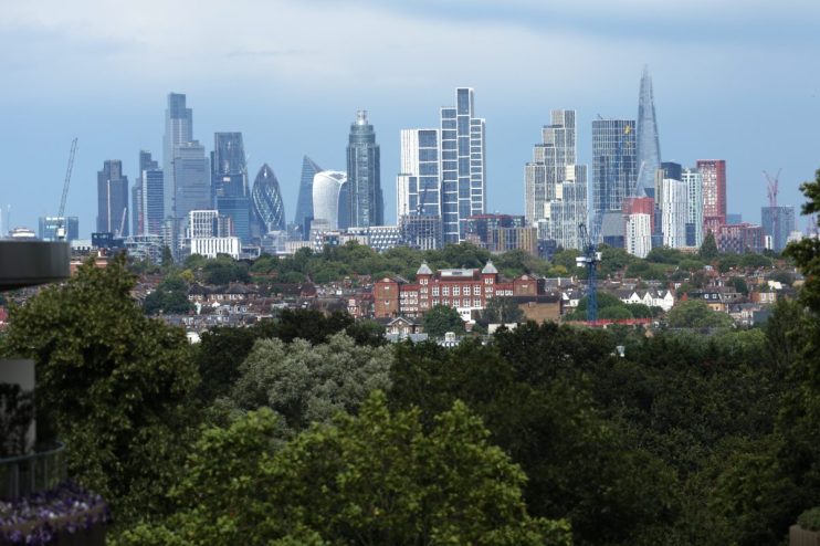 LONDON, ENGLAND - JULY 07: A general view of the London City skyline from the grounds during day seven of The Championships Wimbledon 2024 at All England Lawn Tennis and Croquet Club on July 07, 2024 in London, England. (Photo by Julian Finney/Getty Images)