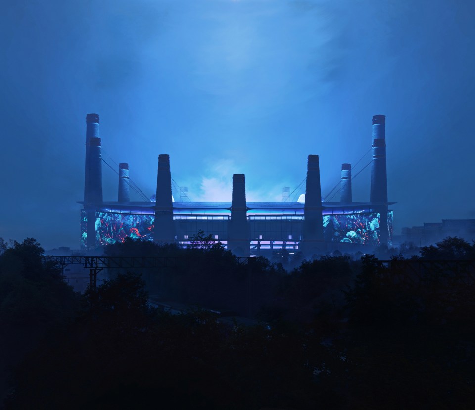 Birmingham Powerhouse Stadium west elevation illuminated at night, showcasing modern architectural design