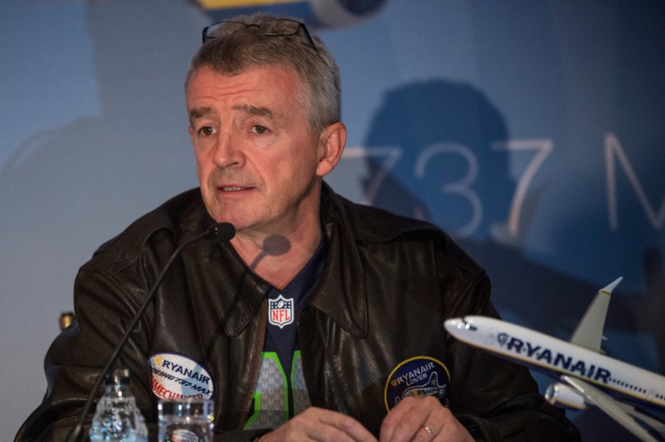 Michael OLeary, Ryanair CEO, addressing media at a press conference, discussing airline updates and future plans