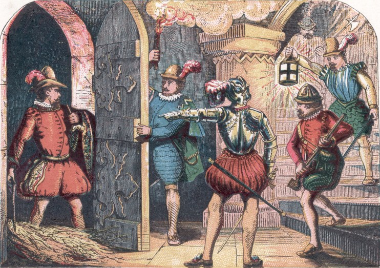 Historical depiction of the Gunpowder Plot conspirators discussing plans in a dimly lit chamber with barrels of gunpowder ...