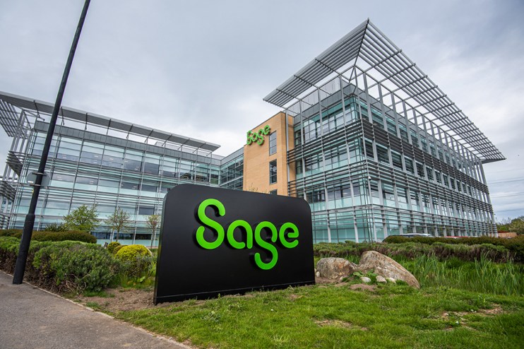 Sage Global Headquarters building exterior showcasing modern architecture and company branding in a business district sett...