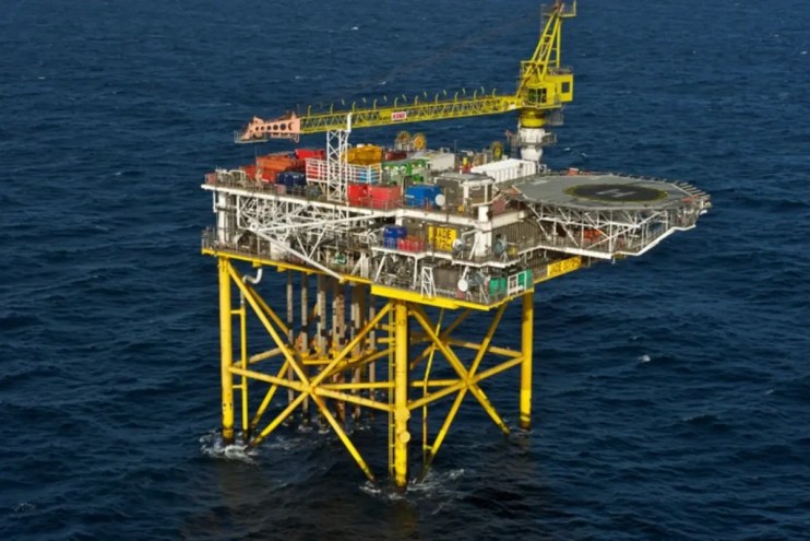 UK offshore oil platform Jade in the North Sea during sunset, highlighting energy infrastructure and industry developments