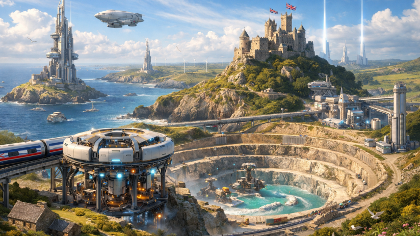 Futuristic Cornwall mining operations showcasing advanced technology and sustainable practices in a modern industrial setting