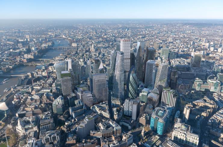 City skyline cluster viewed from the east at dusk, February 2026; showcasing urban development and architectural design