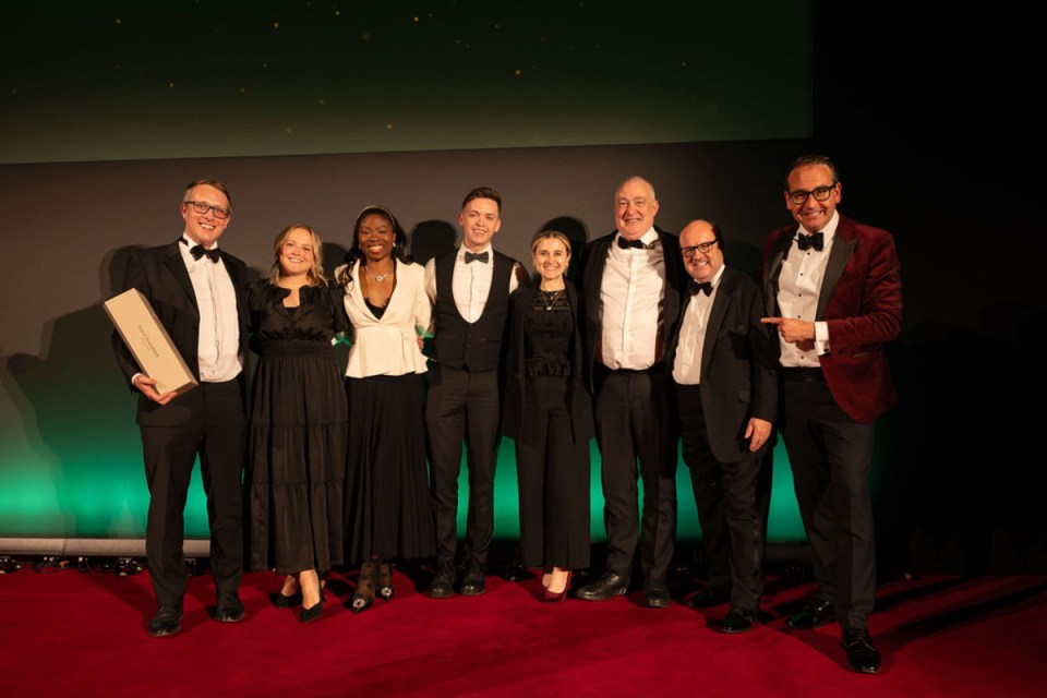 City PM Awards ceremony stage with Starling Bank branding and award-winning engine display in a corporate setting