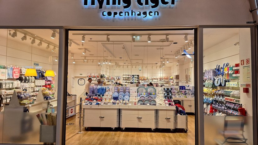 Flying Tiger Copenhagen storefront at Amoreiras shopping center showcasing colorful and unique merchandise displays