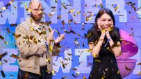 Luana from Brazil celebrates winning Candy Crush All Stars 2026 amidst colorful confetti explosion