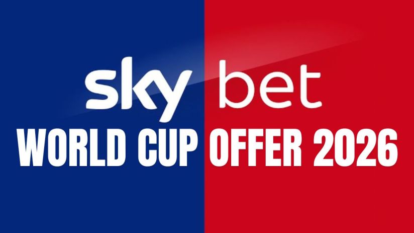 Sky Bet promotional banner for 2026 World Cup offer, featuring vibrant colors and football-themed graphics
