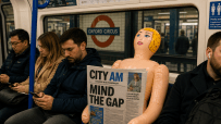 Abandoned doll on London Tube seat holding City PM newspaper, capturing urban life and public transport atmosphere