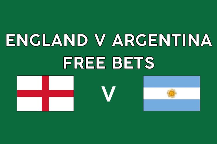 England vs Argentina rugby match promotional banner with free bets offer, featuring team logos and vibrant stadium background