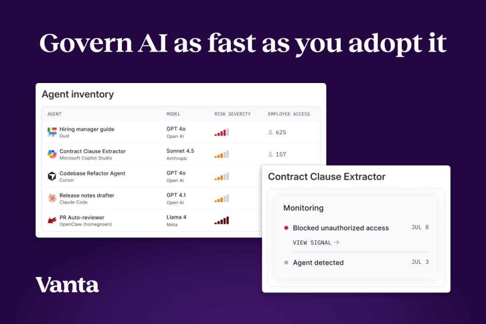 Vanta AI governance dashboard showing agent inventory, risk severity, employee access, and monitoring details.