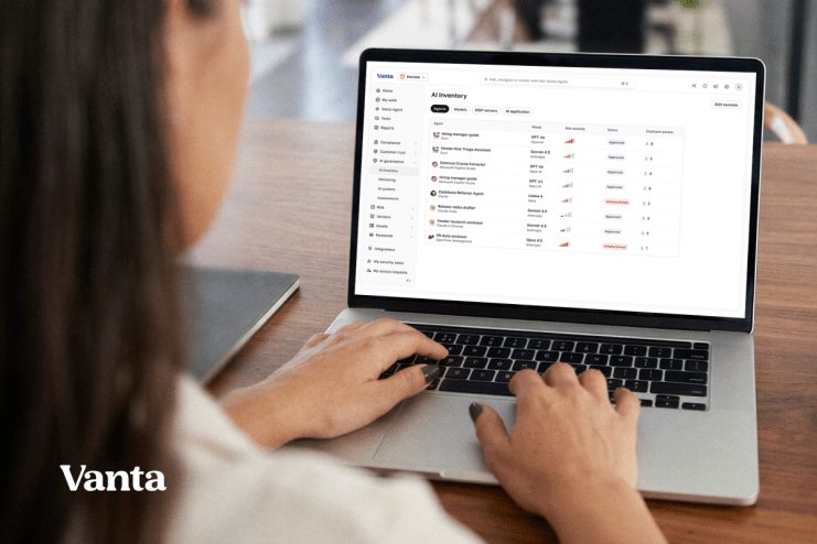 Person using a Vanta AI Inventory dashboard on a laptop to manage AI agents and their risk.