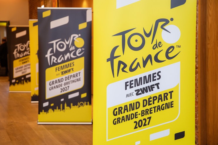 Tour de France Femmes avec Zwift banners promoting the Grand D&eacute;part in Great Britain 2027