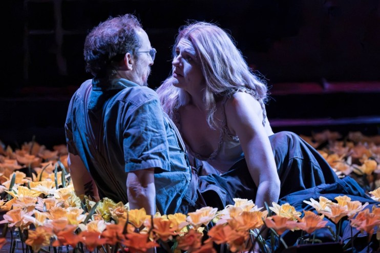 A man and woman in an intimate embrace, surrounded by a field of orange and yellow flowers on a dark stage