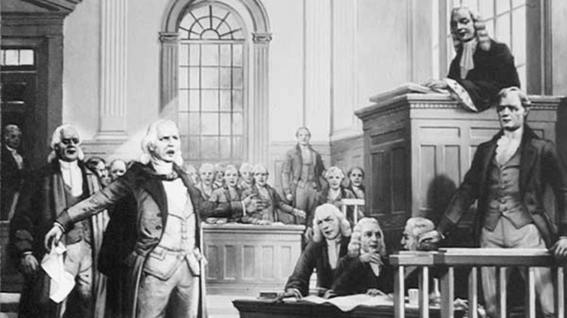 Black and white illustration of the Crown v. Zenger trial, featuring lawyers and observers in a courtroom.