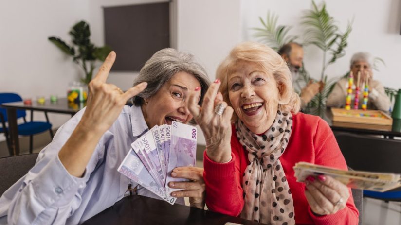 Two joyful senior women holding Euro banknotes, celebrating financial freedom and successful retirement planning