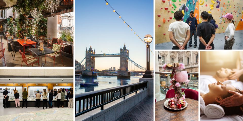 London August activities collage: Tower Bridge, outdoor dining, rock climbing, museum exhibit, afternoon tea, spa.